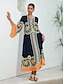 economico Print Dresses-Folk Print Satin V Neck Maxi Dress