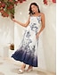 cheap Print Dresses-Satin Building Print Tie Maxi Dress