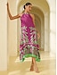 baratos Print Dresses-Geometric Plant Drawstring Midi Dress