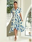 cheap Print Dresses-Chiffon Halo Dyeing Printed Elastic Waist Midi Dress