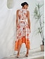 cheap Print Dresses-Satin Striped V Neck Elastic Waist Midi Dress