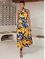 cheap Print Dresses-Satin Belted Floral High Neck Midi Dress