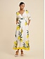 economico Print Dresses-Satin V Neck Fruit Print Maxi Dress