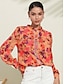 preiswerte Tops &amp; Blouses-Damen Blumenmuster Chiffon Hemd langärmeliges Pinkes Bluse mit Reverskragen und Knöpfen