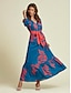 cheap Print Dresses-Satin Intricate Craftsmanship A line Leaf Print Long Sleeve V Neck Maxi Dress