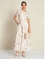 cheap Print Dresses-Apricot Belted Short Sleeve Maxi Shirt Dress