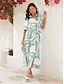 cheap Print Dresses-Satin Geometric Belted Short Sleeve Maxi Dress