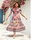 billige Print Dresses-Lace Up Floral Short Sleeve Midi Dress