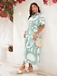 billige Print Dresses-Geometric Satin Short Sleeve Belted Maxi Dress