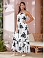 preiswerte Print Dresses-Satin Leaf Print Shoulder Maxi Dress
