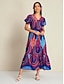 baratos Print Dresses-Elegant Floral V Neck Short Sleeve Maxi Dress