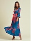 billige Print Dresses-Intricate Satin Leaf Print V Neck Long Sleeve Maxi Dress