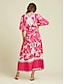 baratos Print Dresses-Satin Floral V Neck Short Sleeve Maxi Dress