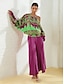 abordables Blouses-Satin Geometric Floral Puff Sleeve Blouse