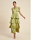 cheap Casual Dresses-Satin Ruffle V Neck Maxi Dress