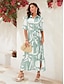 cheap Print Dresses-Satin Geometric Belted Short Sleeve Maxi Dress