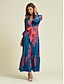 abordables Print Dresses-Intricate Satin Leaf Print Long Sleeve V Neck Maxi Dress