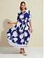 cheap Print Dresses-Satin Floral Lace Up Short Sleeve Maxi Dress