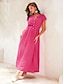 baratos Vestidos Casuais-Cotton Linen Pleated Maxi Dress