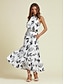 economico Print Dresses-Satin Leaves Belted Sleeveless Maxi Dress