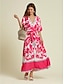 economico Print Dresses-Floral Satin V Neck Maxi Dress