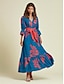preiswerte Print Dresses-Satin Leaf Print V Neck Long Sleeve Maxi Dress