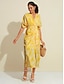cheap Print Dresses-Yellow Ruched Split Cross Front Half Sleeve Midi Dress