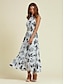 abordables Print Dresses-Satin Leaves Belted Maxi Dress