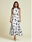economico Print Dresses-Satin Leaves Belted Sleeveless Maxi Dress