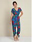 cheap Jumpsuits-Rayon V Neck Drawstring Jumpsuit