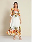 billige Print Dresses-Graphic Satin V Neck Tie Back Half Sleeve Maxi Dress