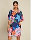 billige Print Dresses-Satin Floral V Neck Mini Dress