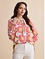 cheap Blouses-Satin Floral Print V Neck Shirt