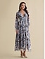 cheap Print Dresses-Chiffon Sheers Floral V Neck Maxi Dress
