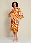 baratos Print Dresses-Sophisticated Satin V Neck Midi Dress with Tie Front and 3 4 Sleeves