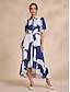 cheap Party Dresses-Blue Floral Print Ruffle Elegant Maxi Dress