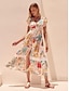 cheap Print Dresses-Puff Baloon Sleeve V Neck Maxi Dress Tencel