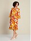 baratos Print Dresses-Sophisticated Satin V Neck Midi Dress with Tie Front and 3 4 Sleeves