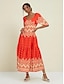 baratos Print Dresses-Folk Print Satin V Neck Maxi Dress