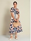 cheap Print Dresses-Floral High Waist Short Sleeve V Neck Maxi Dress