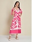 cheap Print Dresses-Satin Floral V Neck Short Sleeve Maxi Dress