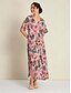 economico Print Dresses-Floral V Neck Short Sleeve Rayon Maxi Dress