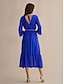 cheap Casual Dresses-Chiffon Royal Blue Belted 3/4 Length Sleeve V Neck Midi Dress