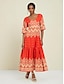 cheap Print Dresses-Folk Print Satin V Neck Maxi Dress