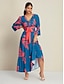 cheap Print Dresses-Satin Intricate Craftsmanship A line Leaf Print Long Sleeve V Neck Maxi Dress