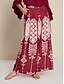 cheap Two Piece Sets-Ruffle Flare Cuff Sleeve Crew Neck Blouse&amp;Casual Folk Print Wide Leg Maxi Pants Two Piece Set