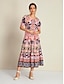 abordables Print Dresses-Lace Up Floral Short Sleeve Midi Dress