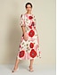 cheap Print Dresses-Floral Elastic Waist Half Sleeve Midi Dress