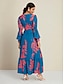 cheap Print Dresses-Satin Intricate Craftsmanship A line Leaf Print Long Sleeve V Neck Maxi Dress