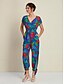 cheap Jumpsuits-Rayon V Neck Drawstring Jumpsuit